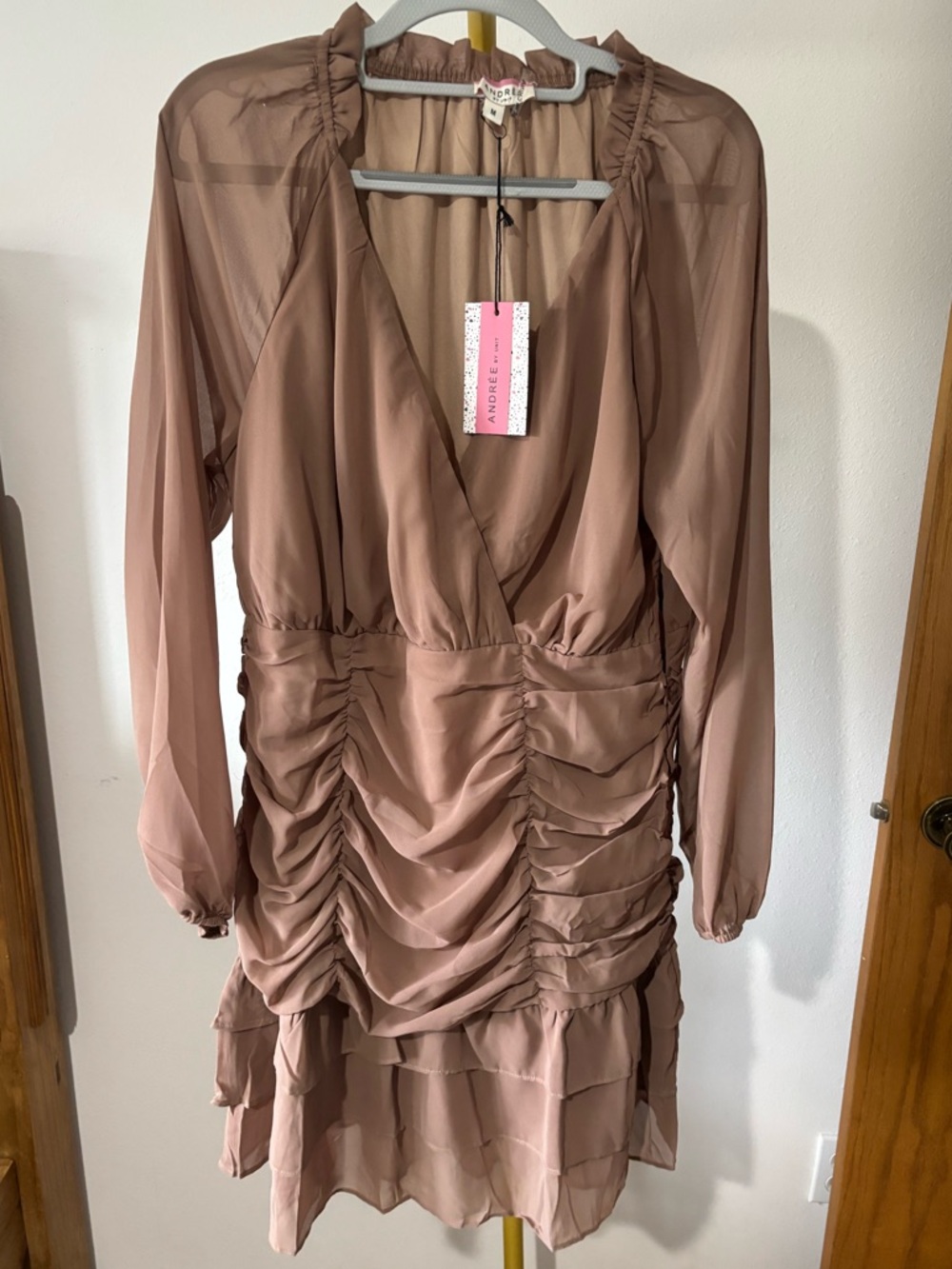 ANDREE BY UNIT Mauve Brown Long-Sleeve Ruched V-Neck Dress